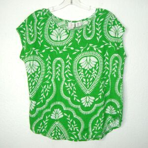 Joie Linen Womens Top Size XL Green White Floral Short Dolman Sleeve